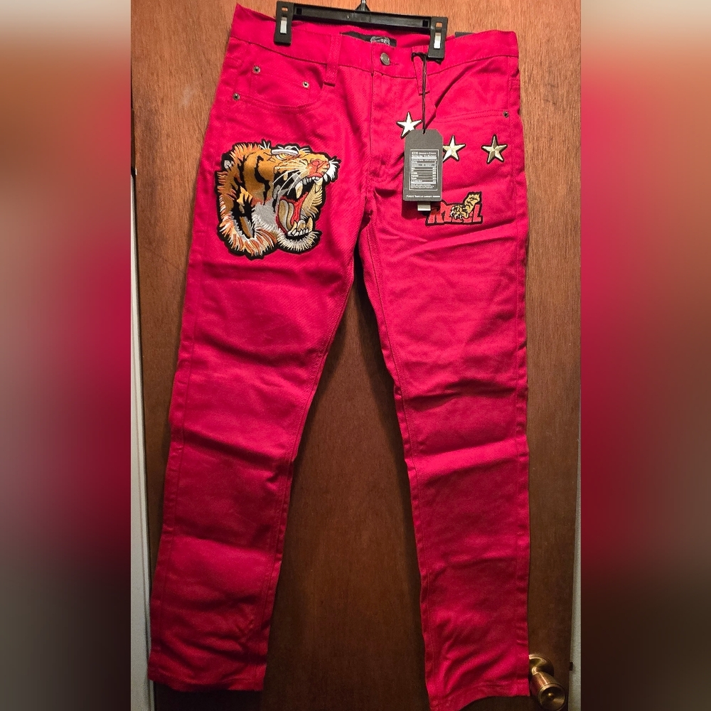 Maxi Millian Vibrant Red Slim Straight Jeans w/cool Patches Sz34"×32" UNISEX - Picture 2 of 14